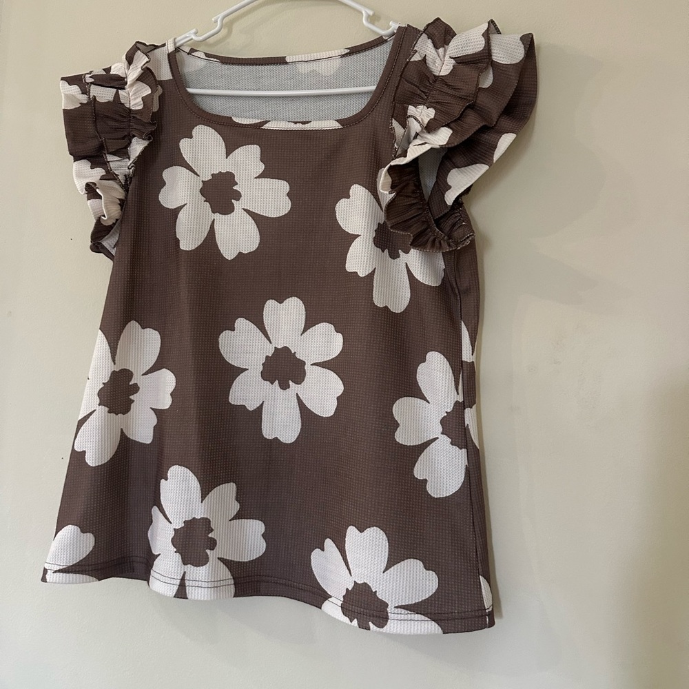 Brown Floral Textured Ruffle Sleeve Top - Square Neck